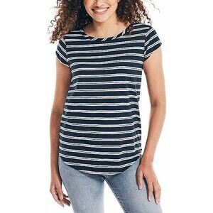 Nautica Short Sleeve Tee Navy Blue & White Striped T-shirt Cotton Blend Size XL